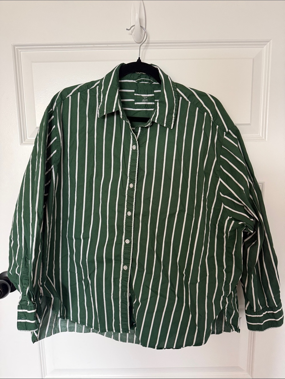 Aerie Green and White Vertical Stripe Oversized Button-Up Shirt